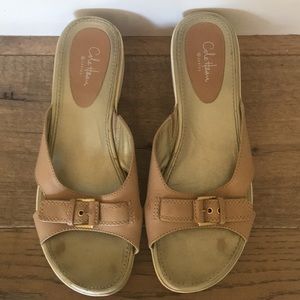 Cole Haan Beige wedge buckle slip on sandals